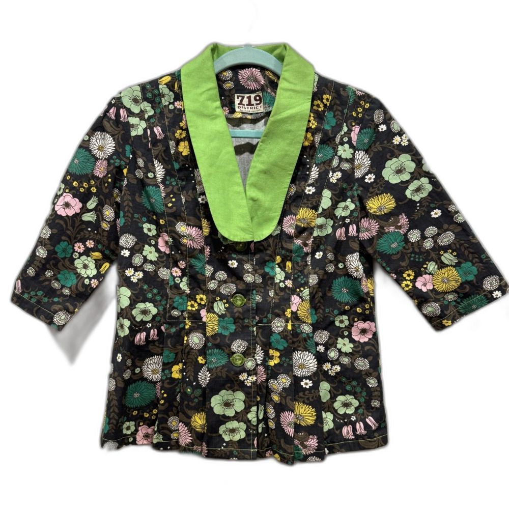 Blazer Handmade Floral Short Sleeve Jacket Brown Green African Womens sz Small